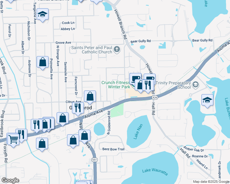 map of restaurants, bars, coffee shops, grocery stores, and more near 7612 Aloma Pines Court in Winter Park