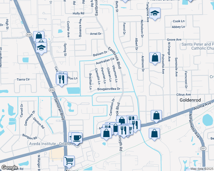 map of restaurants, bars, coffee shops, grocery stores, and more near 1373 Peruvian Lane in Winter Park