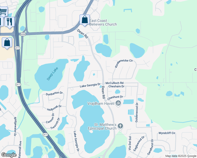 map of restaurants, bars, coffee shops, grocery stores, and more near 5852 Edouard Street in Oviedo