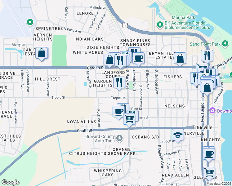 map of restaurants, bars, coffee shops, grocery stores, and more near 1431 Main Street in Titusville