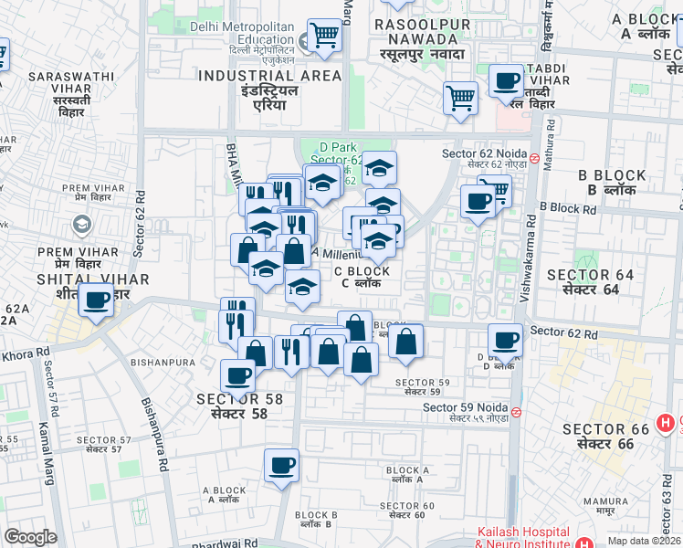 map of restaurants, bars, coffee shops, grocery stores, and more near in Noida