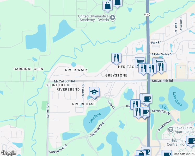 map of restaurants, bars, coffee shops, grocery stores, and more near 485 W Palm Valley Dr in Oviedo