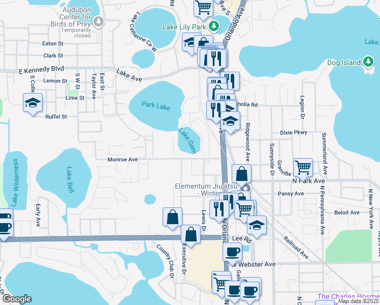 map of restaurants, bars, coffee shops, grocery stores, and more near 311 Monroe Avenue in Maitland