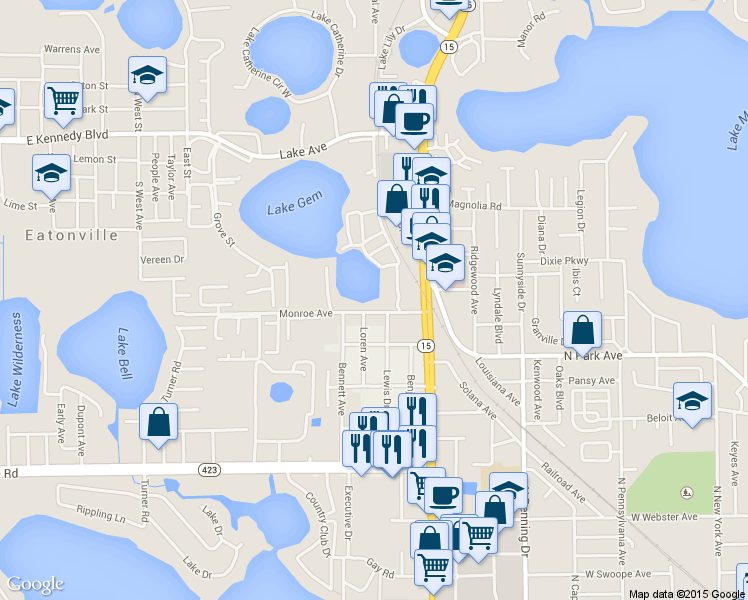 map of restaurants, bars, coffee shops, grocery stores, and more near 311 Monroe Avenue in Maitland