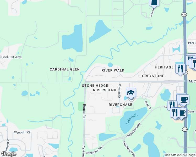 map of restaurants, bars, coffee shops, grocery stores, and more near 3874 Golden Meadow Court in Oviedo