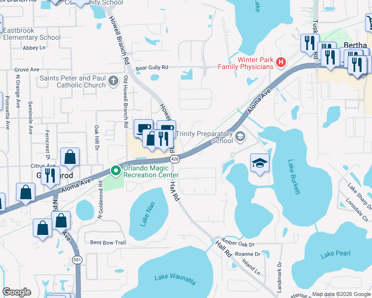 map of restaurants, bars, coffee shops, grocery stores, and more near 5889 Marble Court in Winter Park