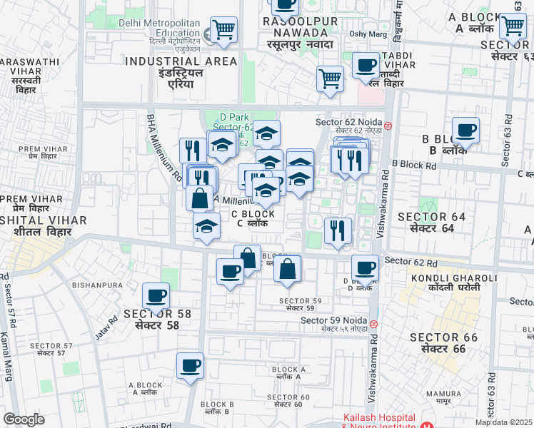 map of restaurants, bars, coffee shops, grocery stores, and more near in Noida