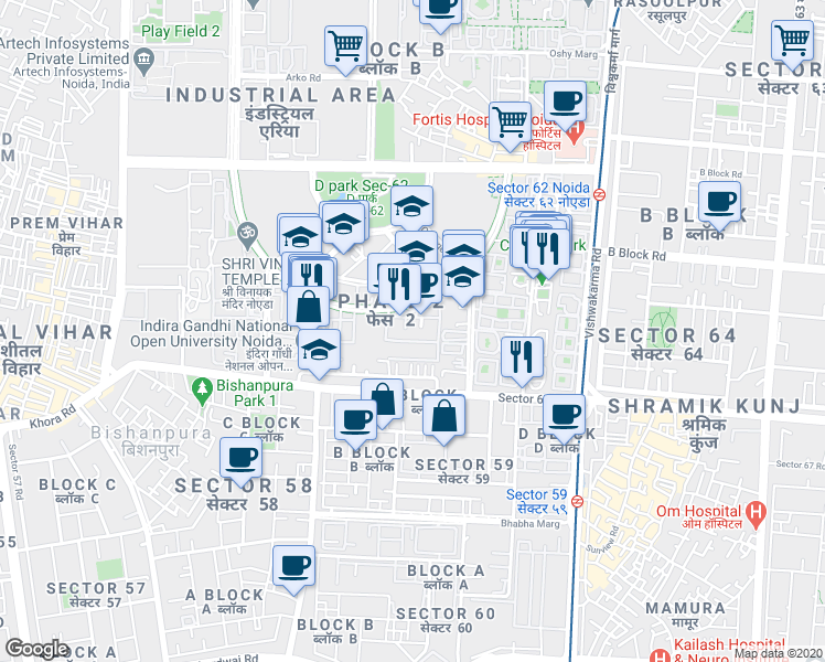 map of restaurants, bars, coffee shops, grocery stores, and more near in Noida