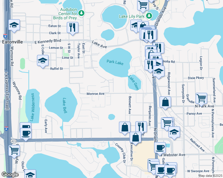 map of restaurants, bars, coffee shops, grocery stores, and more near 1701 Grove Street in Maitland