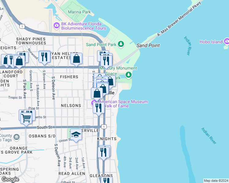 map of restaurants, bars, coffee shops, grocery stores, and more near 5 Main Street in Titusville