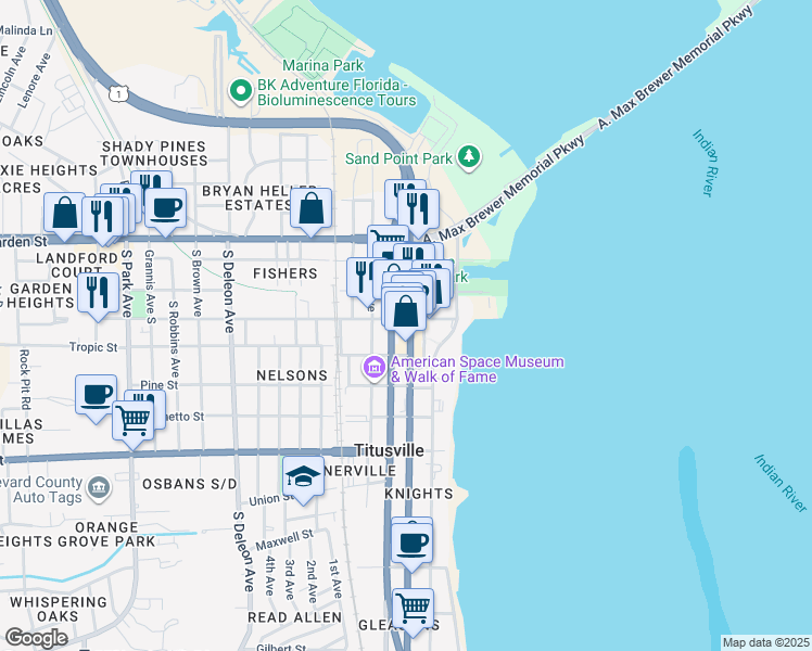 map of restaurants, bars, coffee shops, grocery stores, and more near 302 South Washington Avenue in Titusville