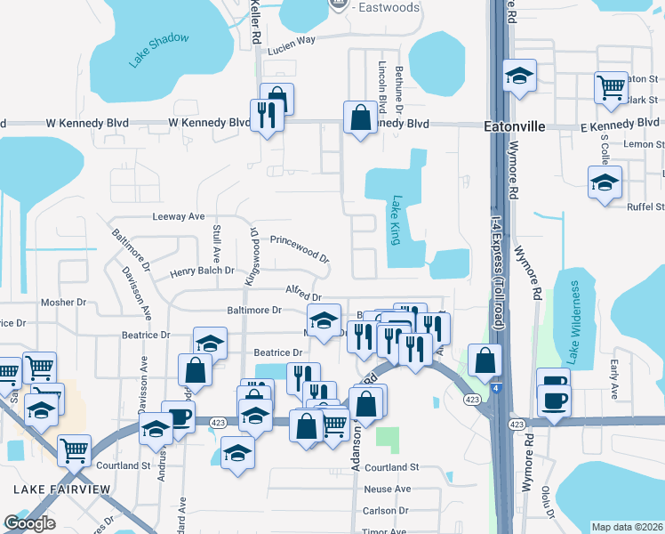 map of restaurants, bars, coffee shops, grocery stores, and more near 1049 Princewood Drive in Orlando
