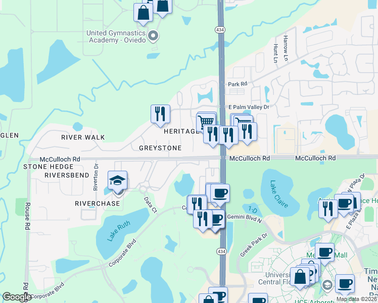 map of restaurants, bars, coffee shops, grocery stores, and more near 3865 Heritage Oaks Court in Oviedo