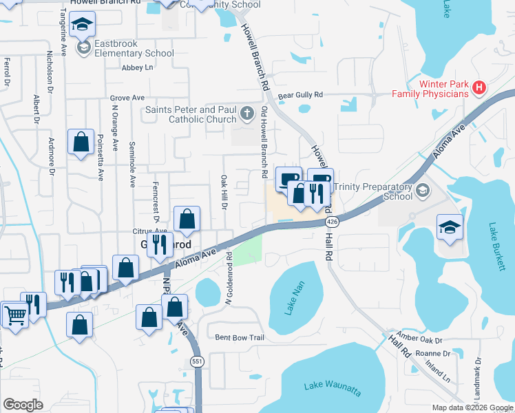 map of restaurants, bars, coffee shops, grocery stores, and more near 7633 Aloma Pines Court in Winter Park