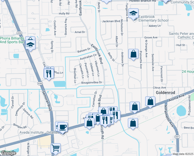 map of restaurants, bars, coffee shops, grocery stores, and more near 1381 Viburnum Lane in Winter Park