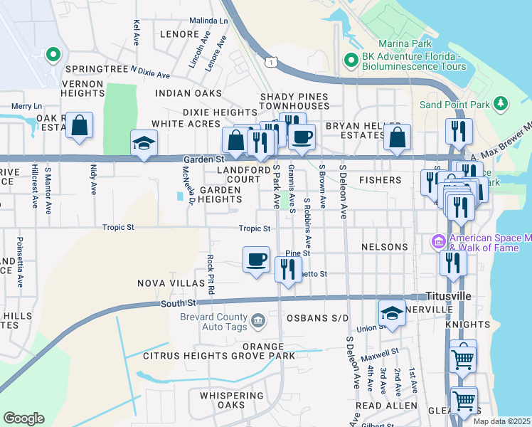 map of restaurants, bars, coffee shops, grocery stores, and more near 1431 Main Street in Titusville