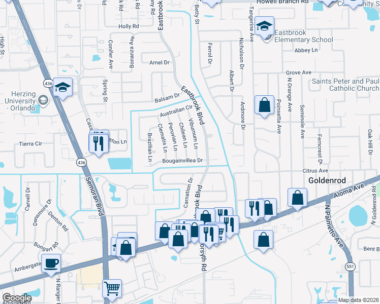 map of restaurants, bars, coffee shops, grocery stores, and more near 1381 Viburnum Lane in Winter Park