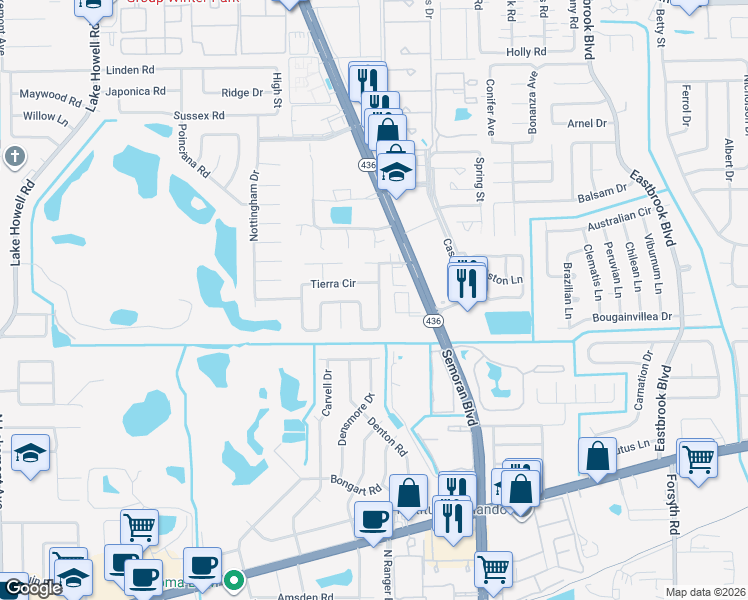 map of restaurants, bars, coffee shops, grocery stores, and more near 1407 Tierra Circle in Winter Park