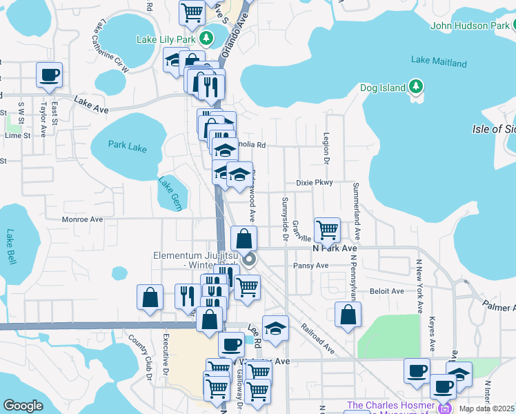 map of restaurants, bars, coffee shops, grocery stores, and more near 1732 Ridgewood Avenue in Maitland