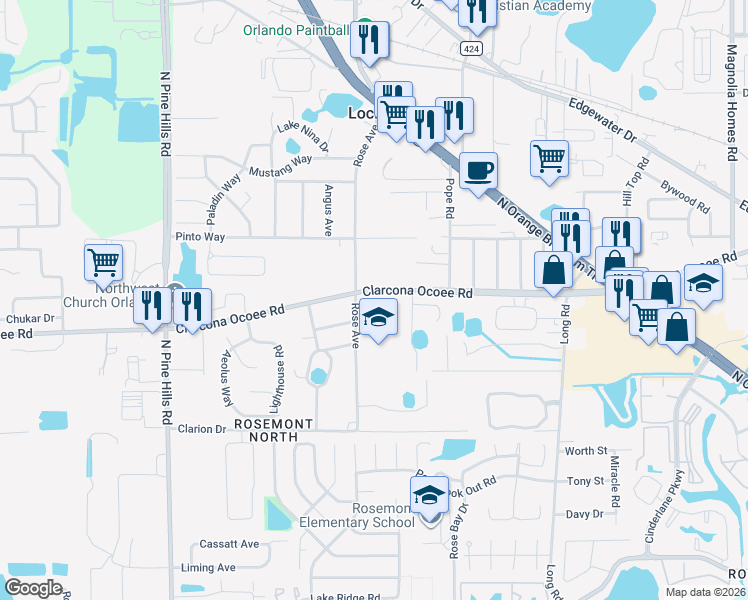 map of restaurants, bars, coffee shops, grocery stores, and more near 4970 Clarcona Ocoee Road in Orlando