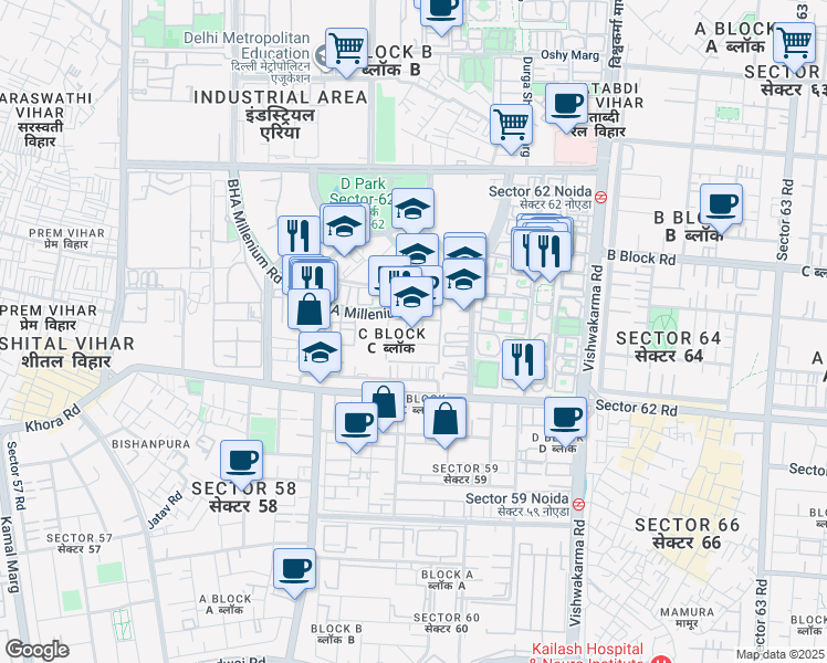 map of restaurants, bars, coffee shops, grocery stores, and more near in Noida