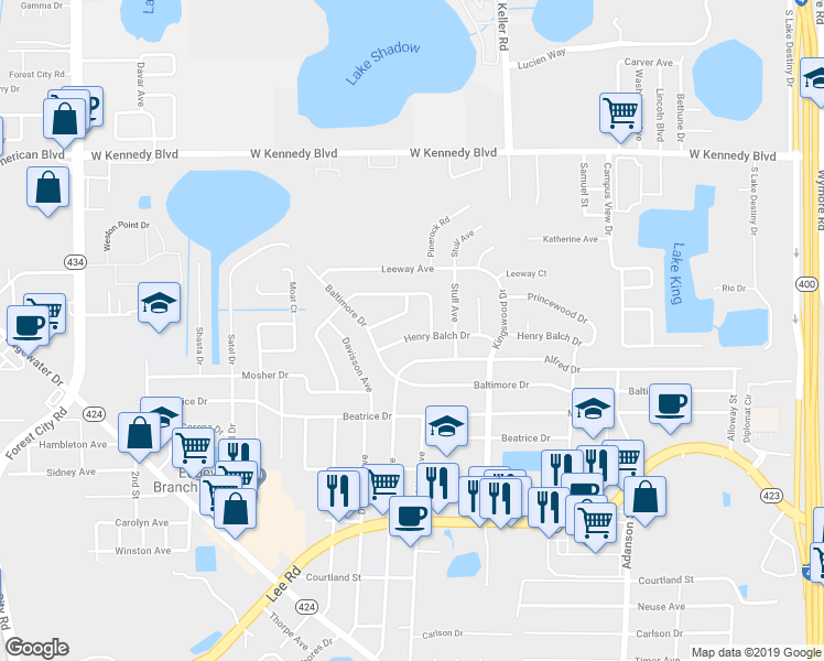 map of restaurants, bars, coffee shops, grocery stores, and more near 1407 Henry Balch Drive in Orlando