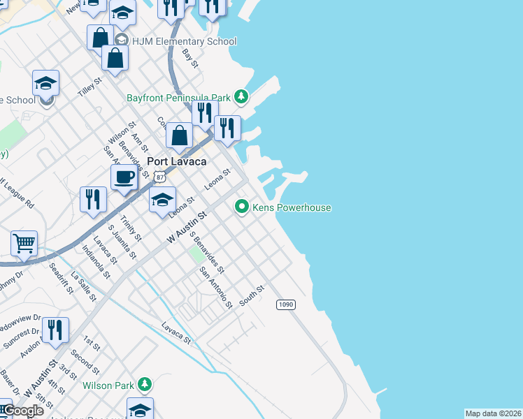map of restaurants, bars, coffee shops, grocery stores, and more near 516 South Guadalupe Street in Port Lavaca