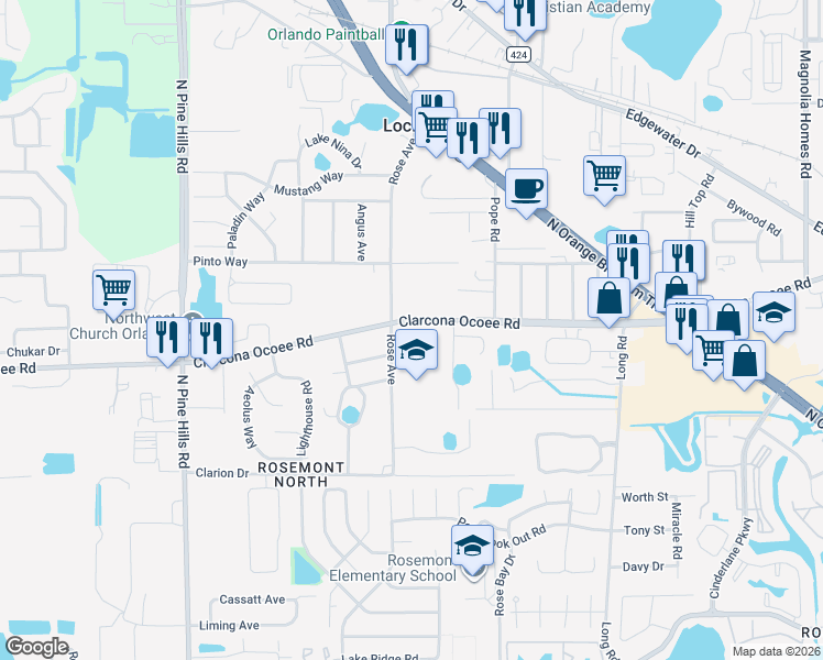 map of restaurants, bars, coffee shops, grocery stores, and more near 4970 Clarcona Ocoee Road in Orlando