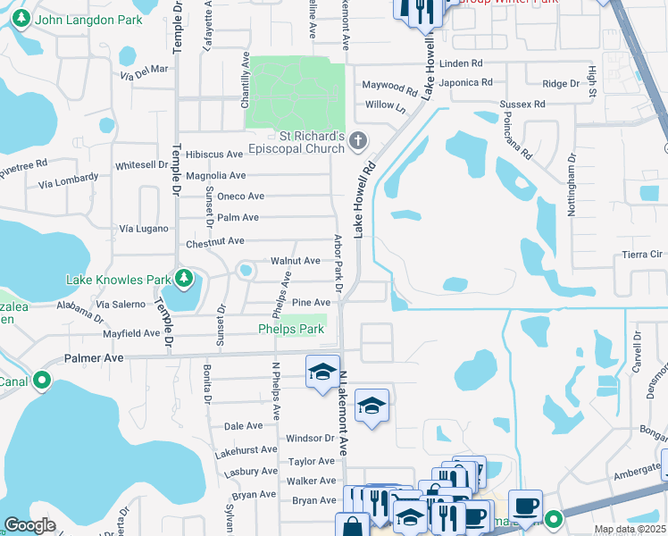 map of restaurants, bars, coffee shops, grocery stores, and more near 1780 Walnut Avenue in Winter Park