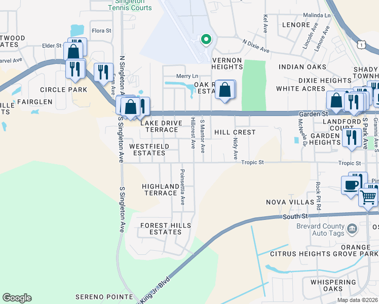 map of restaurants, bars, coffee shops, grocery stores, and more near 302 Hillcrest Avenue in Titusville