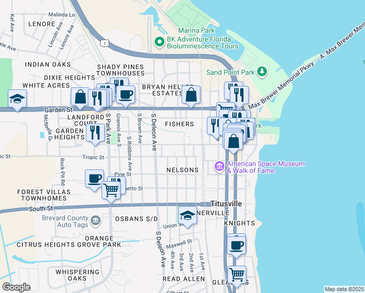 map of restaurants, bars, coffee shops, grocery stores, and more near 701 Main Street in Titusville