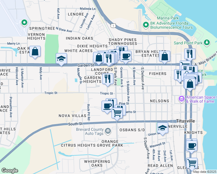 map of restaurants, bars, coffee shops, grocery stores, and more near 1431 Main Street in Titusville