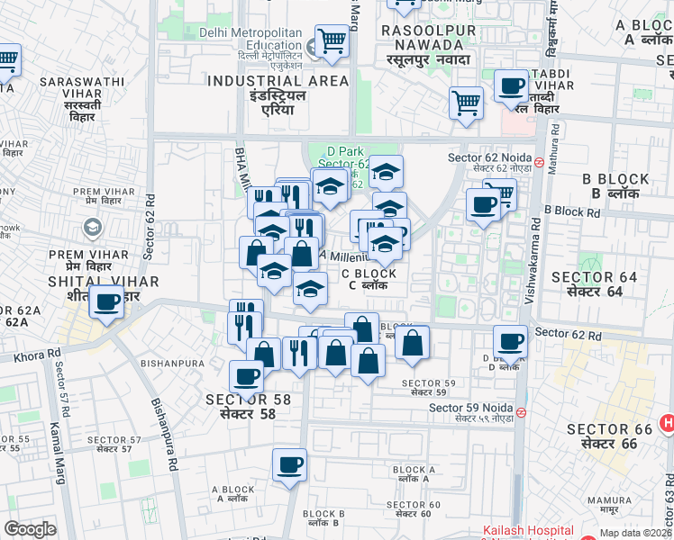 map of restaurants, bars, coffee shops, grocery stores, and more near in Noida