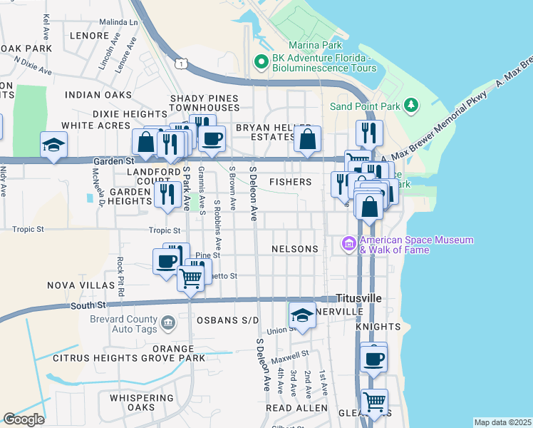 map of restaurants, bars, coffee shops, grocery stores, and more near 925 Main Street in Titusville
