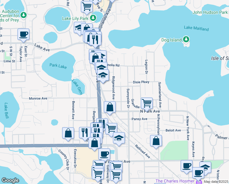 map of restaurants, bars, coffee shops, grocery stores, and more near 1732 Ridgewood Avenue in Maitland