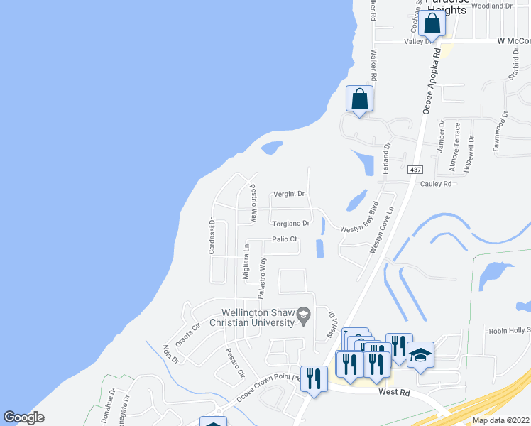 map of restaurants, bars, coffee shops, grocery stores, and more near 817 Torgiano Drive in Ocoee