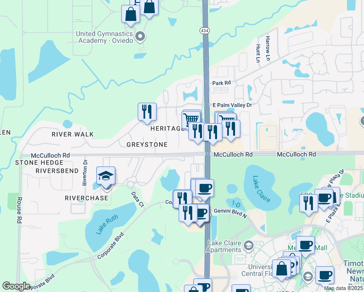 map of restaurants, bars, coffee shops, grocery stores, and more near 3865 Heritage Oaks Court in Oviedo