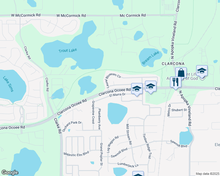 map of restaurants, bars, coffee shops, grocery stores, and more near 2574 Laurel Blossom Circle in Ocoee