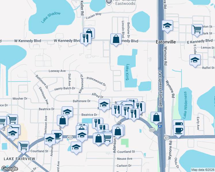 map of restaurants, bars, coffee shops, grocery stores, and more near 1049 Princewood Drive in Orlando