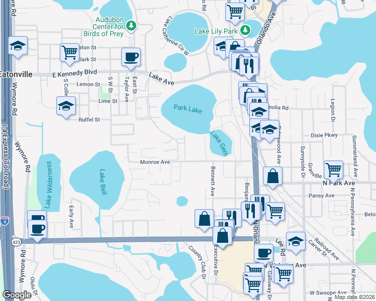 map of restaurants, bars, coffee shops, grocery stores, and more near 1632 Gulfview Drive in Maitland