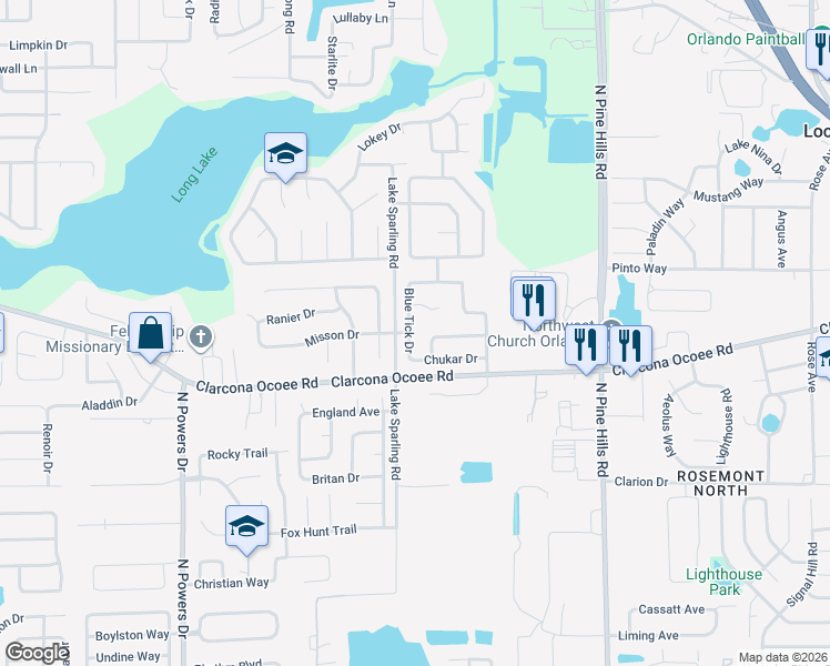 map of restaurants, bars, coffee shops, grocery stores, and more near 5427 Blue Tick Drive in Orlando
