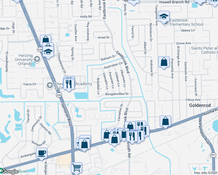 map of restaurants, bars, coffee shops, grocery stores, and more near 1373 Peruvian Lane in Winter Park