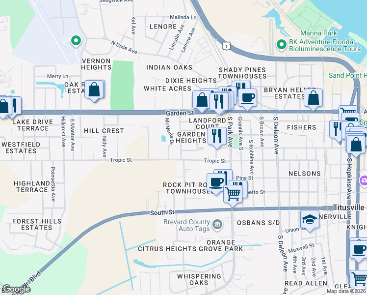map of restaurants, bars, coffee shops, grocery stores, and more near 1716 South Eden Circle in Titusville