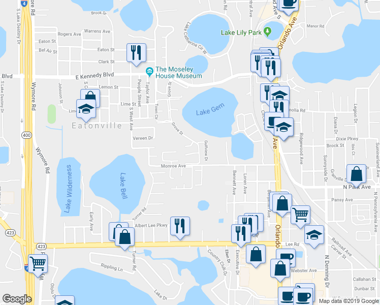 map of restaurants, bars, coffee shops, grocery stores, and more near 1701 Grove Street in Maitland