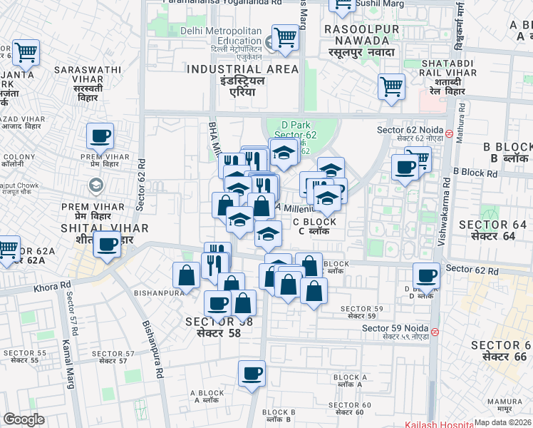 map of restaurants, bars, coffee shops, grocery stores, and more near in Noida