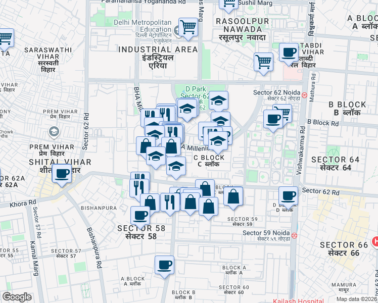 map of restaurants, bars, coffee shops, grocery stores, and more near in Noida