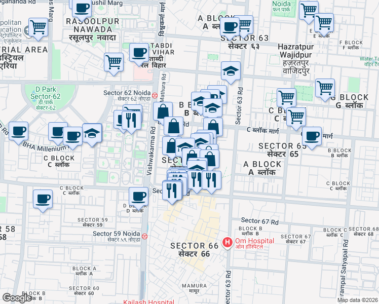 map of restaurants, bars, coffee shops, grocery stores, and more near in Noida