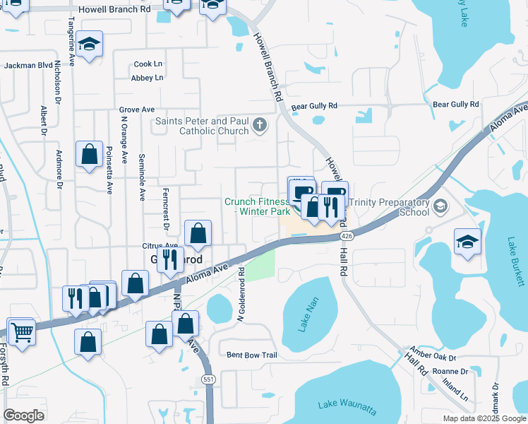 map of restaurants, bars, coffee shops, grocery stores, and more near 7612 Aloma Pines Court in Winter Park