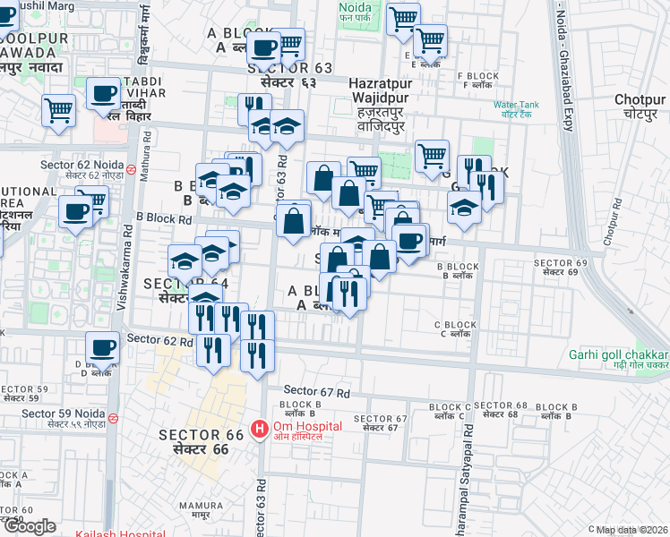 map of restaurants, bars, coffee shops, grocery stores, and more near in Noida