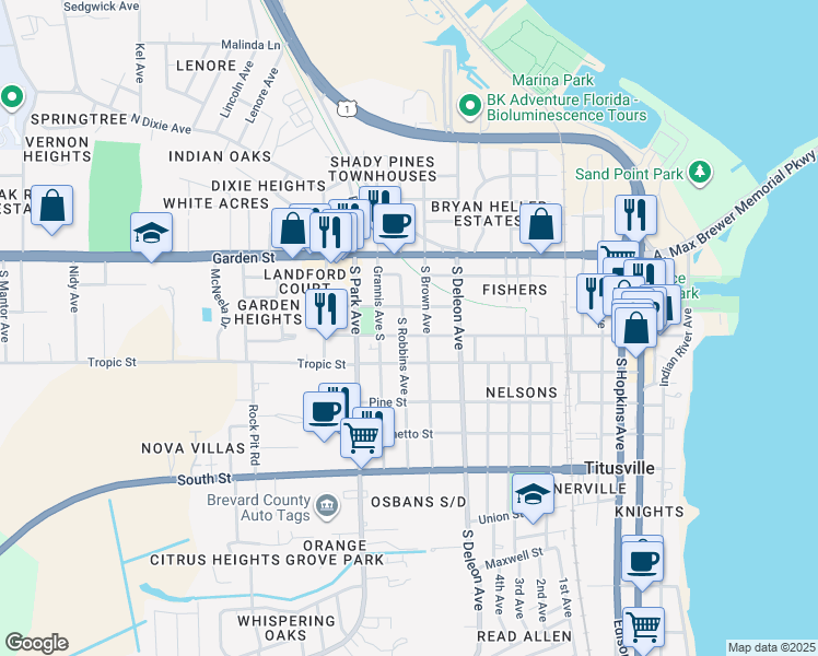 map of restaurants, bars, coffee shops, grocery stores, and more near 1211 Main Street in Titusville